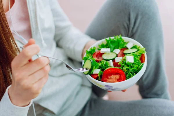 Healthy Vegan Woman Holding Bowl Fresh Vegetable Salad Balanced Organic — 스톡 사진