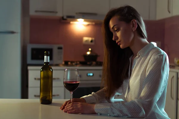 Lonely Unhappy Sad Beautiful Young Woman Blouse Glass Red Wine — ストック写真