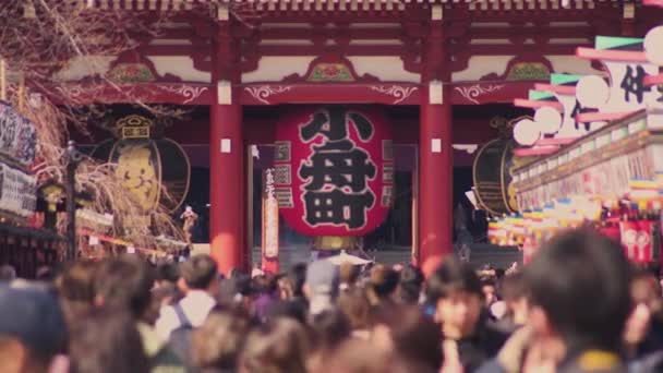 Statisches Video einer Menschenmenge, die auf die riesige Papierlaterne von Kobunacho im Sensoji-Tempel von Asakusa zugeht. — Stockvideo