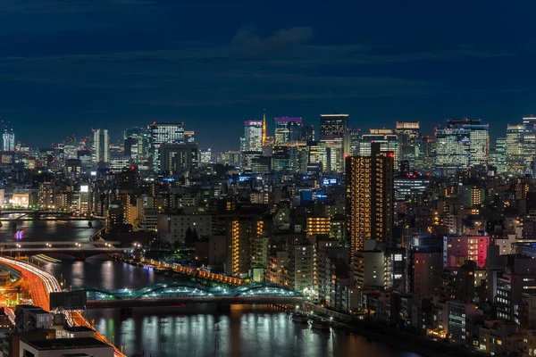 Flyg Natt Panoramautsikt Över Sumida Flodbroar Och Higways Lyser Upp — Stockfoto