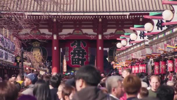 Vídeo estático de multitud caminando hacia la gigantesca linterna de papel de Kobunacho en el templo Sensoji de Asakusa . — Vídeo de stock