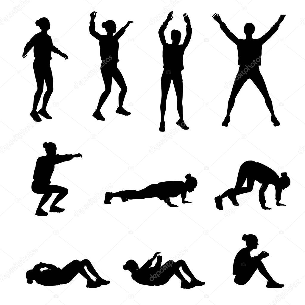 Isolated silhouette: woman does various exercices of fitness