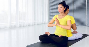 İki Asyalı kadının güzelliği, iyi sağlık ve kasların esnekliği için yoga odasında iyi ve mutlu hissetmek amacıyla yoga yapıyor. Bu herkes için sağlıklı bir yaşam tarzı aktivitesi..