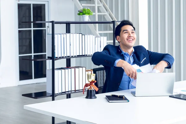 Young Businessman Sitting Modern Office Has Feel Happy Smile Result — Stock Photo, Image