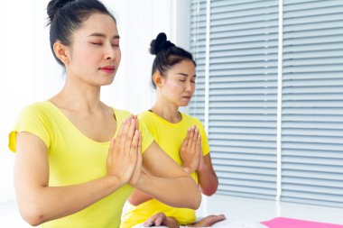 İki Asyalı kadının güzelliği, iyi sağlık ve kasların esnekliği için yoga odasında iyi ve mutlu hissetmek amacıyla yoga yapıyor. Bu herkes için sağlıklı bir yaşam tarzı aktivitesi..