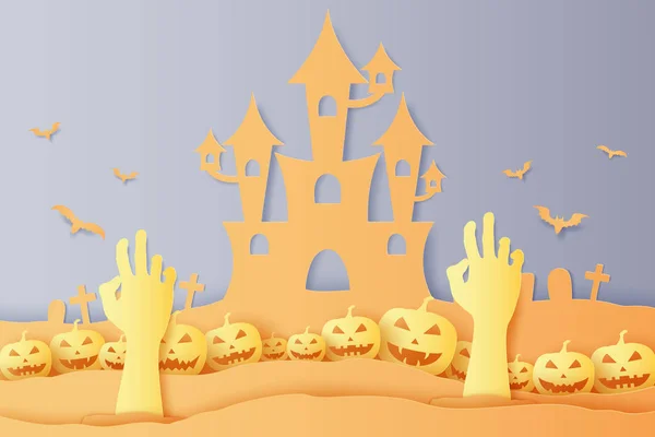Хэллоуин Тыква Рука Зомби Замок Кладбище Стиль Бумаги — стоковый вектор
