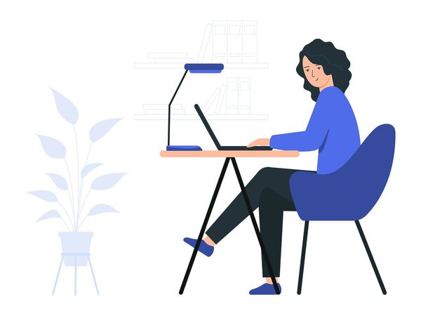 The girl works at the computer. Young female programmer in a home office.