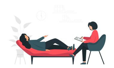 A woman lies on a couch in a psychologists office. clipart