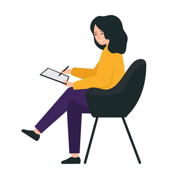 A menina está sentada em uma cadeira com as pernas cruzadas. Uma jovem mulher segura um tablet na mão e desenha . —  Vetores de Stock