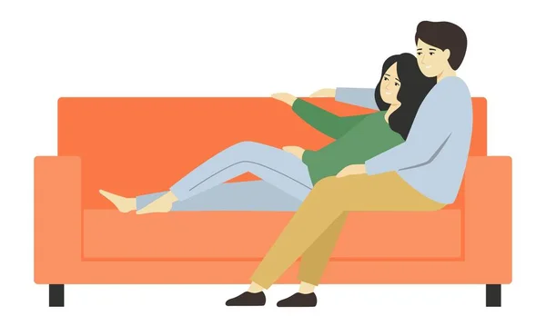 快乐的女人和男人一起呆在家里。丈夫坐在沙发上拥抱他的妻子. — 图库矢量图片