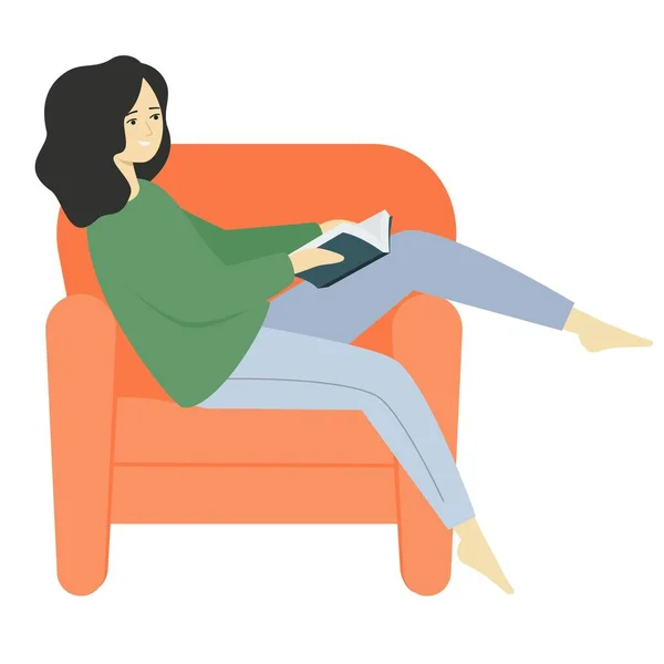 Schattig meisje leest een boek. Een jonge vrouw zit in een fauteuil met haar voet op de armleuning. — Stockvector
