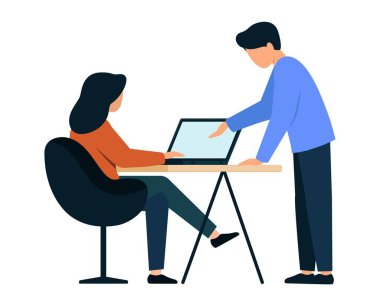 Bir kadın dizüstü bilgisayarda çalışıyor, bir adam yakınlarda duruyor. Öğretmen sorunu çözmesi için öğrenciye yardım eder..