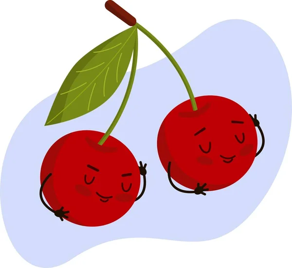 树枝上有两个有趣的浆果在睡觉，闭上了它们的眼睛。卡通人物樱桃，有胳膊和腿. — 图库矢量图片