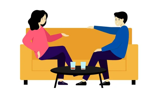 A man and a woman are talking and drinking. The guy and the girl are sitting on the couch and chatting. — Stock Vector