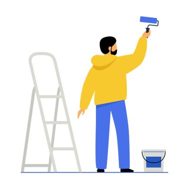 Bir adam boyayla bir duvar boyuyor. Adam elinde boya silindiri tutuyor, yanında da merdiven ve boya kutusu var..