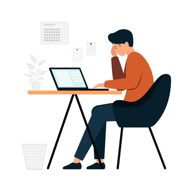 Der Kerl sitzt in einem Stuhl am Schreibtisch. Ein Mann arbeitet an einem Laptop im Büro. Arbeitsumfeld. — Stockvektor