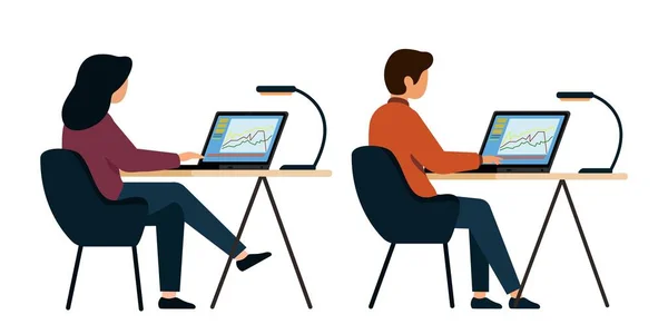 Bilgisayar Ekranı Adam Kız Dizüstü Bilgisayarlar Üzerinde Çalışıyorlar Ofiste Çalışma — Stok Vektör