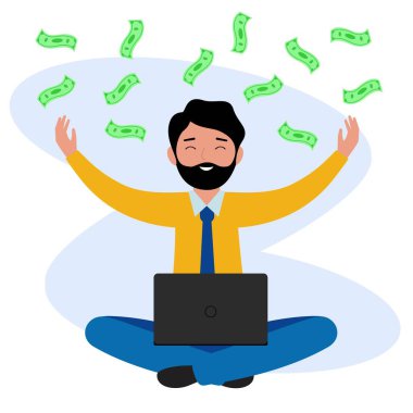 Para insanın üzerine dökülür. Adam kucağında dizüstü bilgisayarla oturur ve banknotları yakalar..