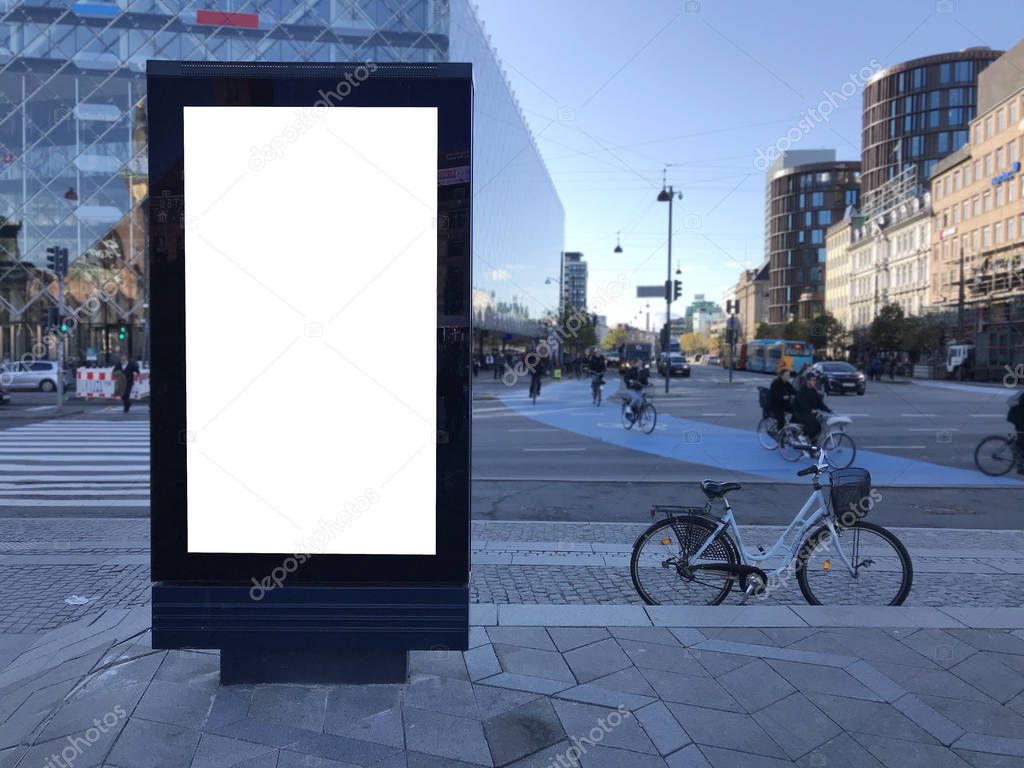 One blank billboard in Copenhagen, walking street