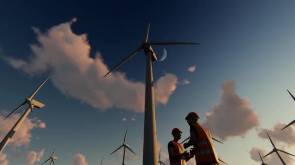 Двоє Офшорних Робітників Вітряних Млинів Вітроелектростанція — стокове відео