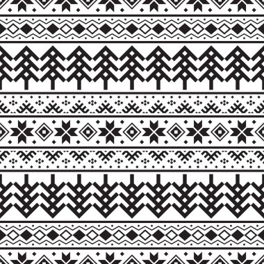 Beyaz arka planda Noel Etnik şablonu. Süs. Sınır. Kusursuz bir örnek. Arka plan olarak kullanılabilir. Vektör illüstrasyonu.