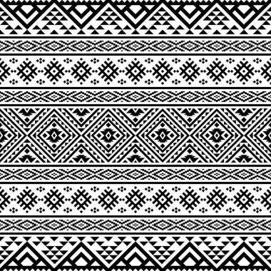 Siyah ve beyaz renklerde kusursuz etnik kalıplar. Aztek kabilesi vektör tasarımı