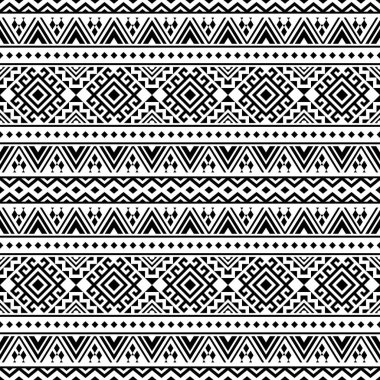 Siyah ve beyaz renklerde kusursuz etnik kalıplar. Aztek kabilesi vektör tasarımı