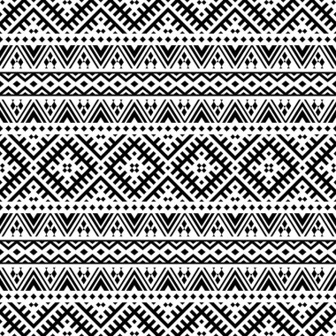 Siyah ve beyaz renklerde kusursuz etnik kalıplar. Aztek kabilesi vektör tasarımı