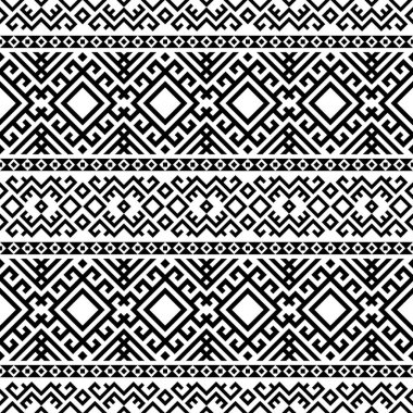 Etnik Aztek desenli tasarım siyah beyaz renkte. Arkaplan, çerçeve, sınır veya dekorasyon için tasarım. Ikat, geometrik desen, yerli Hintli, Navajo, İnka