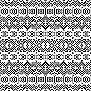 Etnik Aztek desenli tasarım siyah beyaz renkte. Arkaplan, çerçeve, sınır veya dekorasyon için tasarım. Ikat, geometrik desen, yerli Hintli, Navajo, İnka