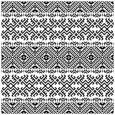 Ikat Aztek etnik desensiz dizayn arka plan vektörü siyah ve beyaz.