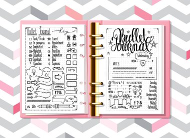 Bullet journal mock up. Hand drawn doodles elements for notebook, diary. Cute Hand drawn Doodle Banners isolated on white. Numbers and days of week lettering. clipart