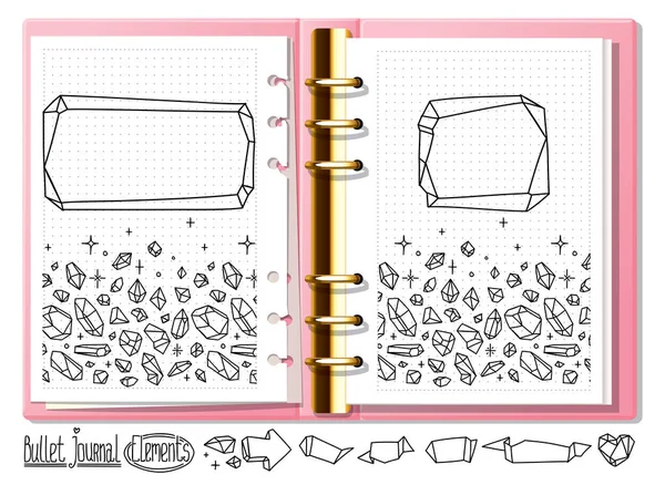 Bullet journal mock up crystal doodles. Hand drawn gemstones for notebook, diary. Doodles in open notebook. — ストックベクタ