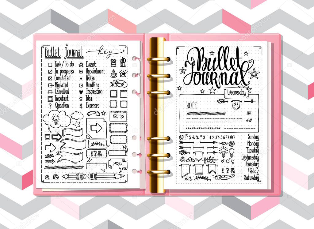 Bullet journal mock up. Hand drawn doodles elements for notebook, diary. Cute Hand drawn Doodle Banners isolated on white. Numbers and days of week lettering.