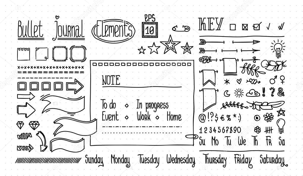 Bullet journal and diary elements set on dot texture. Cute Hand drawn Doodle Banners for notebook. Numbers and days of week: Sunday, Monday, Tuesday, Wednesday, Thursday, Friday, Saturday.