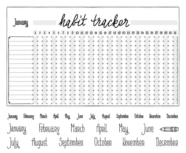 Habit tracker template. Blank with hand written cute names of months. Bullet journal template. Monthly planer. Hand written calendar. — ストックベクタ