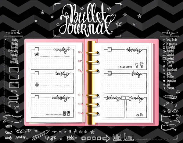 Week organizer. Opened notebook on black texture. Line doodles set on mock up. Days of week calligraphy and bullet journal elements set. — ストックベクタ