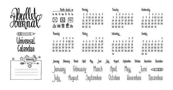 Bullet journal universal calendar. Hand written cute calendar, names of months and days of week. Bullet journal lettering. Bullet journal hand drawn elements for notebook, diary. — ストックベクタ