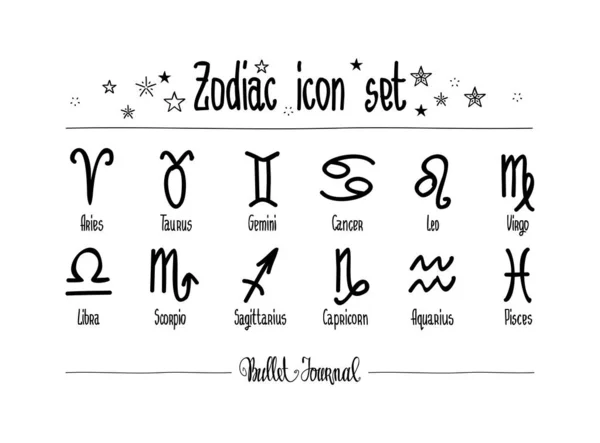 Käsi piirustus Zodiac symbolit kuvakesarja. Astrologia doodles päiväkirjaan ja bullet päiväkirja. Minimalistiset eläinradan symbolit, joissa on valkoiset merkit . — vektorikuva