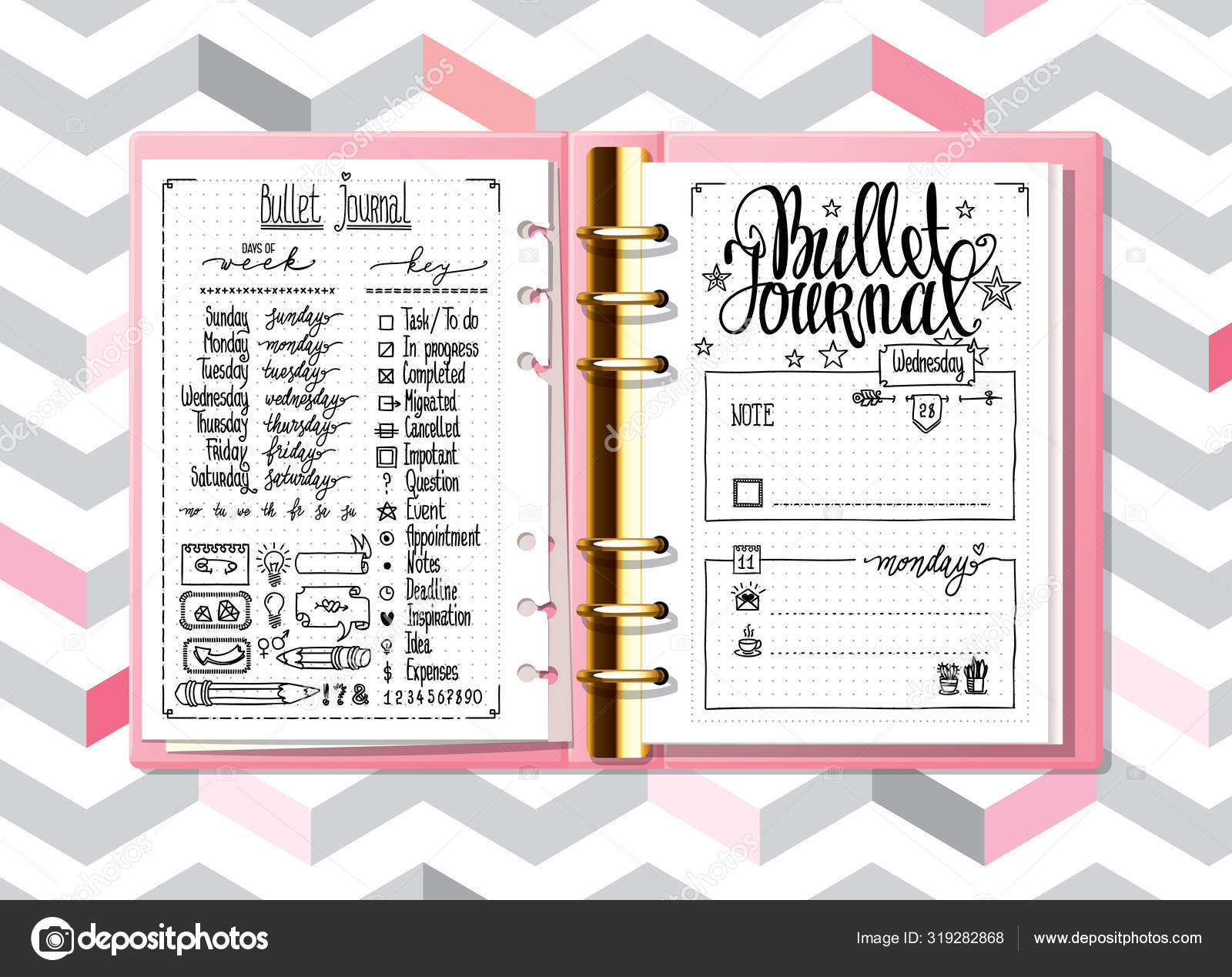 Notebook mock up. Line doodles. Days of week calligraphy and bullet journal  elements set on the pages of an opened notebook. Lettering for diary and  bullet journal. Stock Vector by ©vectopicta 319282868