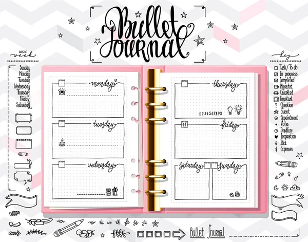 Download Week Organizer Opened Notebook On Light White Texture Line Doodles Set On Mock Up Days Of Week Calligraphy And Bullet Journal Elements Set Stock Images Page Everypixel