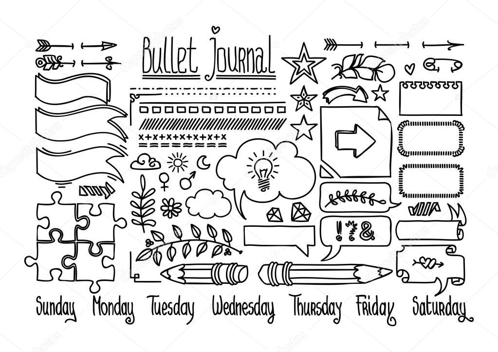 Bullet journal and diary elements isolated on white. Cute Hand drawn line doodles, speech bubble fnd banners. Hand drawn doodle set for notebook.