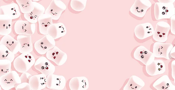 Marshmallow bakgrund. Smaklig marshmallows på rosa bakgrund. Sockerkonfektion. — Stock vektor
