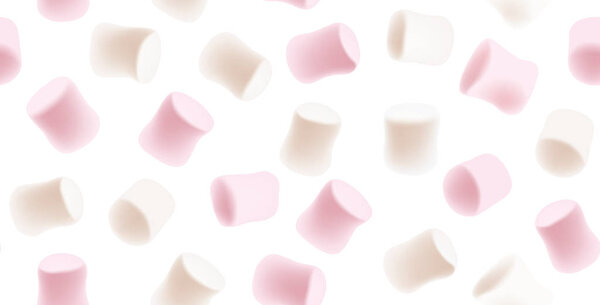 Marshmallow seamless texture. Tasty white and pink marshmallows isolated on white background. Marshmallow candy seamless background.