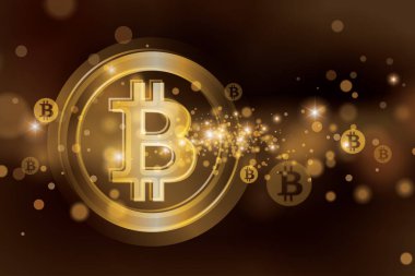 Bitcoin geçmişi. Büyük şeffaf altın Bitcoin ve arka plan vektör illüstrasyonunda küçük bulanık bitcoin.