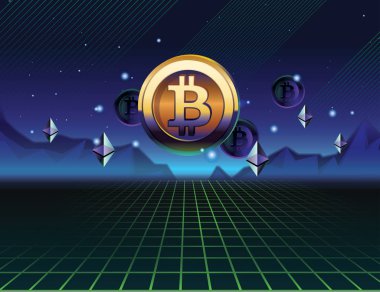 Bitcoin vektör çizimi. Esmer neon arka planda kripto para birimi bitcoin. 80 'lerin geçmişi. Boş alan fotr metni.