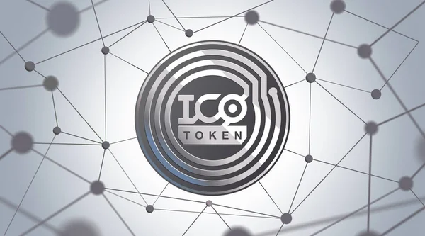 Ico - počáteční nabídka mincí. Ico token koncept. Stříbrný token na 3D virtuálním grafickém uživatelském rozhraní. Skvělá ilustrace pro zprávy, prezentace, sociální média — Stockový vektor