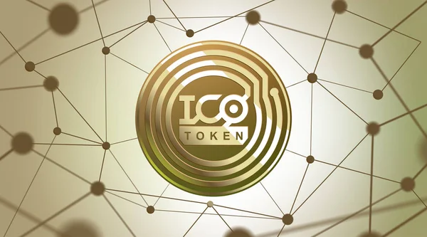 Ico - počáteční nabídka mincí. Ico token koncept. Zlatý token na 3D virtuálním grafickém uživatelském rozhraní. Skvělá ilustrace pro zprávy, prezentace, sociální média — Stockový vektor
