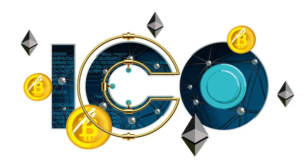 Technologie ICO Blockchain, illustration vectorielle ICO isolée sur blanc. Offre initiale de pièces. Des offres de monnaie. Financement participatif de start-up IT. Idéal pour les médias sociaux, blog, flyer, présentation . — Image vectorielle