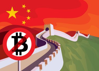 Bitcoin ticareti Çin 'de sınırlıdır. Bitcoin ticareti yasaktır. Bitcoin reddediyor. Engelleme zinciri kripto para krizi. Şifreli para devalüasyonu. Yasaklama işaretli Çin Seddi..